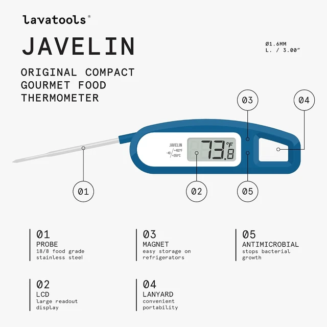 Alt view image 4 of 6 - Lavatools Javelin Ultra-Fast 3-Second Digital Instant Read Meat Thermometer for Grill and Cooking, 2.75" Probe, Foldable, Large Display, IP65 Water Resistant, NSF Certifi