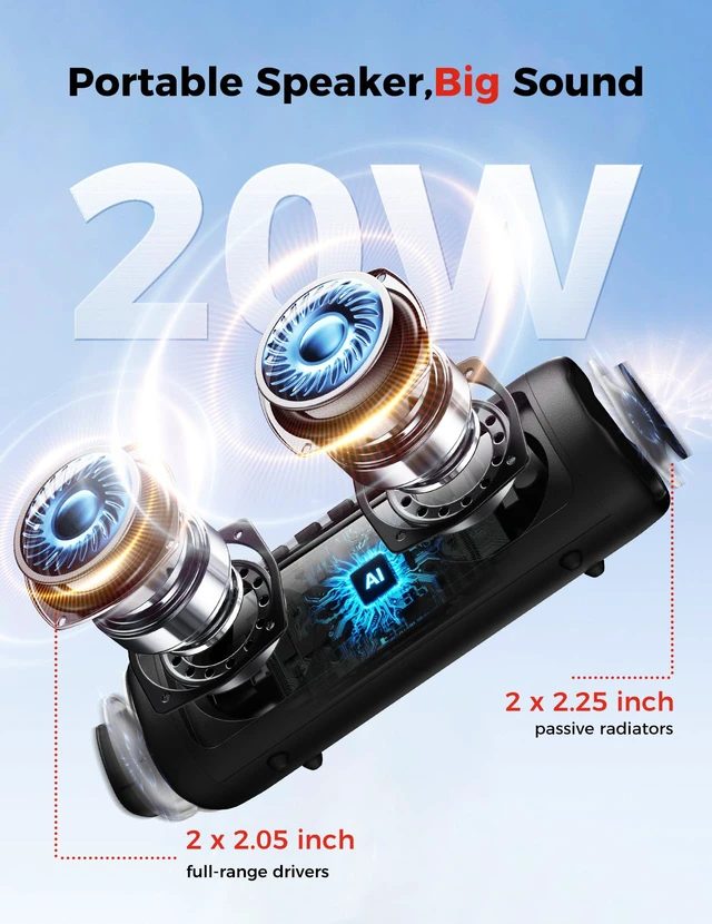 Alt view image 5 of 6 - Bluetooth Speaker 20W HD Sound Portable Wireless IPX5 Waterproof 24H Playtime TWS Pairing (Black)