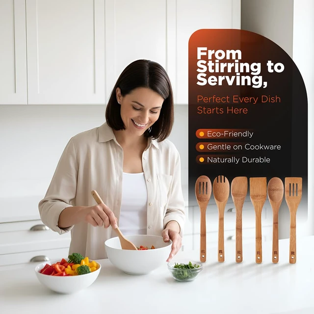 Alt view image 5 of 6 - Riveira Dark Bamboo Wooden Spoons 6-Piece, Nonstick Kitchen Utensil Set, Apartment Essentials, Wood Spatula Spoon, Premium Quality Housewarming Gift