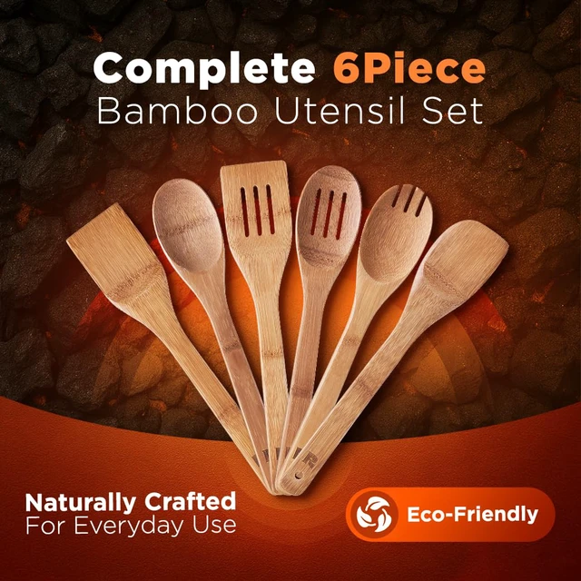 Alt view image 4 of 6 - Riveira Dark Bamboo Wooden Spoons 6-Piece, Nonstick Kitchen Utensil Set, Apartment Essentials, Wood Spatula Spoon, Premium Quality Housewarming Gift