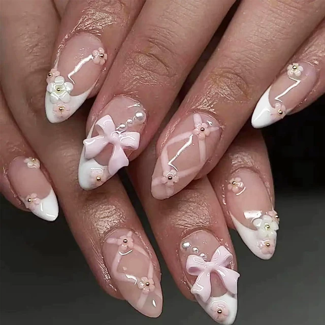Main image of Medium Almond French Press on Nails with 3D Flower Pink Bow Design, Glossy White French Tip Acrylic False Nails, Valentine Cute Glue on Nails for Women, 24Pcs
