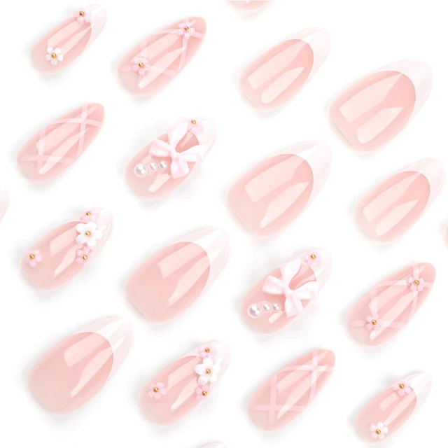 Alt view image 3 of 7 - Medium Almond French Press on Nails with 3D Flower Pink Bow Design, Glossy White French Tip Acrylic False Nails, Valentine Cute Glue on Nails for Women, 24Pcs