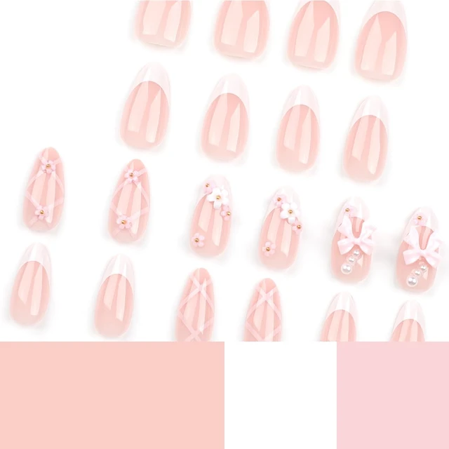 Alt view image 5 of 7 - Medium Almond French Press on Nails with 3D Flower Pink Bow Design, Glossy White French Tip Acrylic False Nails, Valentine Cute Glue on Nails for Women, 24Pcs