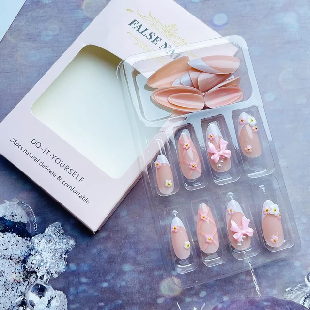 Alt view image 6 of 7 - Medium Almond French Press on Nails with 3D Flower Pink Bow Design, Glossy White French Tip Acrylic False Nails, Valentine Cute Glue on Nails for Women, 24Pcs