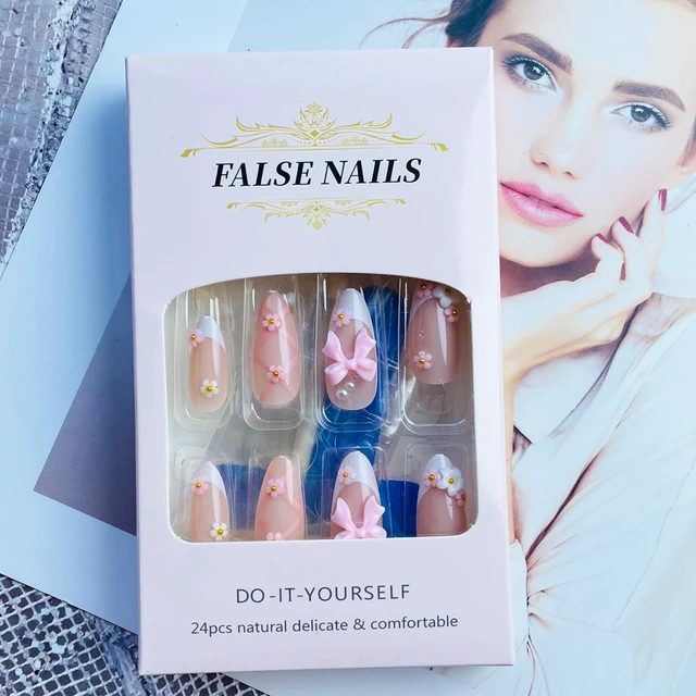 Alt view image 2 of 7 - Medium Almond French Press on Nails with 3D Flower Pink Bow Design, Glossy White French Tip Acrylic False Nails, Valentine Cute Glue on Nails for Women, 24Pcs