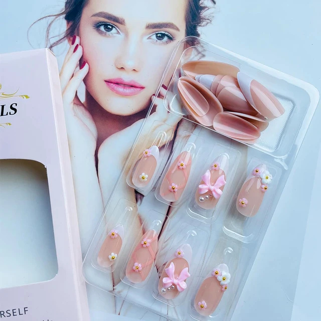 Alt view image 7 of 7 - Medium Almond French Press on Nails with 3D Flower Pink Bow Design, Glossy White French Tip Acrylic False Nails, Valentine Cute Glue on Nails for Women, 24Pcs