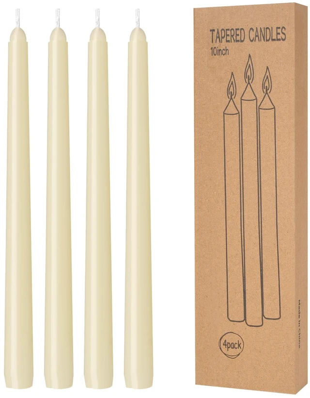 Main image of 4 Pack Ivory Taper Candles 10 Inch Dripless Smokeless Unscented Hand Poured Tall Candlesticks 8-Hour Long Burning for Weddings, Dinner Parties and Home Decor