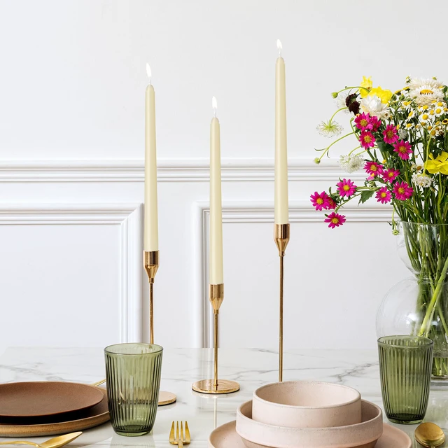 Alt view image 2 of 6 - 4 Pack Ivory Taper Candles 10 Inch Dripless Smokeless Unscented Hand Poured Tall Candlesticks 8-Hour Long Burning for Weddings, Dinner Parties and Home Decor