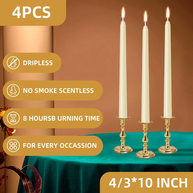 Alt view image 5 of 6 - 4 Pack Ivory Taper Candles 10 Inch Dripless Smokeless Unscented Hand Poured Tall Candlesticks 8-Hour Long Burning for Weddings, Dinner Parties and Home Decor
