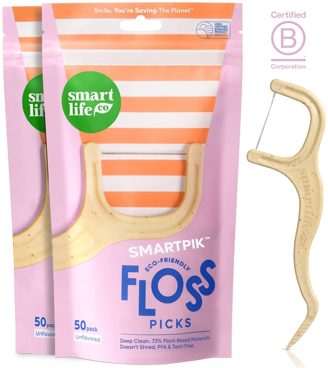 Main image of SmartLifeco Eco-Friendly Dental Floss Picks (100ct) - Straw Wheat Blend, Strong Anti-Shred Thread for Tight Gaps, Tooth Pick for Adults, Soft on Gums and Teeth, Vegan, Un