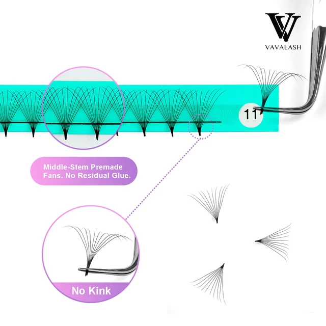 Alt view image 3 of 6 - VAVALASH Premade Russian Volume Fans Lash Extensions, Middle Stem, 8-15mm, 5D-30D, 0.03-0.07 C/D Curl, 320 Fans (10D-0.05-D-8-15mm)