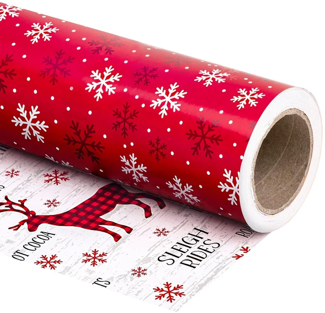 Main image of WRAPAHOLIC Mini Roll Reversible Christmas Wrapping Paper, 17In x 33Ft, Red White Reindeer Snowflake