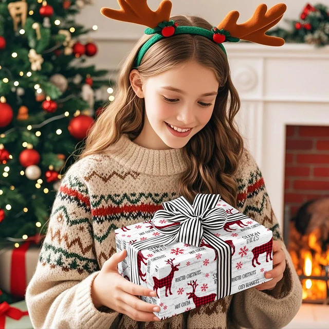 Alt view image 5 of 6 - WRAPAHOLIC Mini Roll Reversible Christmas Wrapping Paper, 17In x 33Ft, Red White Reindeer Snowflake