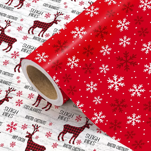 Alt view image 2 of 6 - WRAPAHOLIC Mini Roll Reversible Christmas Wrapping Paper, 17In x 33Ft, Red White Reindeer Snowflake