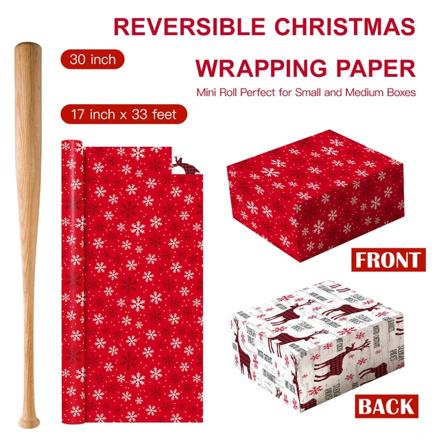 Alt view image 6 of 6 - WRAPAHOLIC Mini Roll Reversible Christmas Wrapping Paper, 17In x 33Ft, Red White Reindeer Snowflake