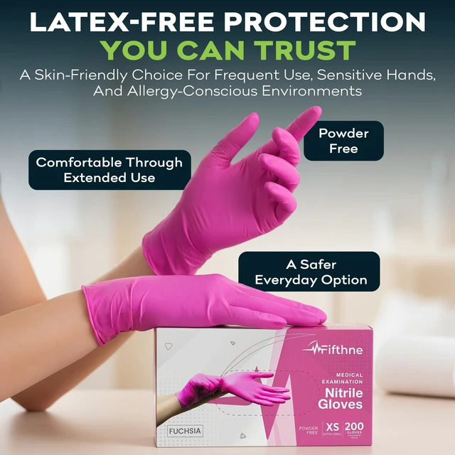 Alt view image 3 of 6 - FifthPulse Fuchsia Hot Pink Nitrile Disposable Gloves, 3 Mil, Medical Exam, Powder and Latex Free