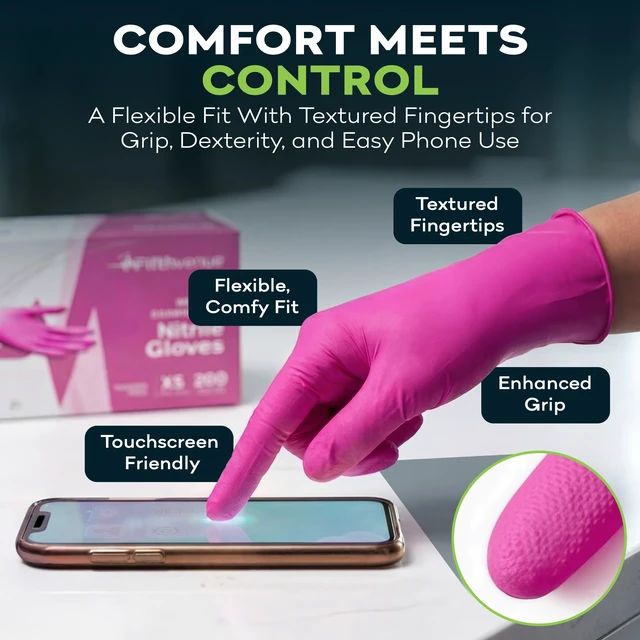Alt view image 5 of 6 - FifthPulse Fuchsia Hot Pink Nitrile Disposable Gloves, 3 Mil, Medical Exam, Powder and Latex Free