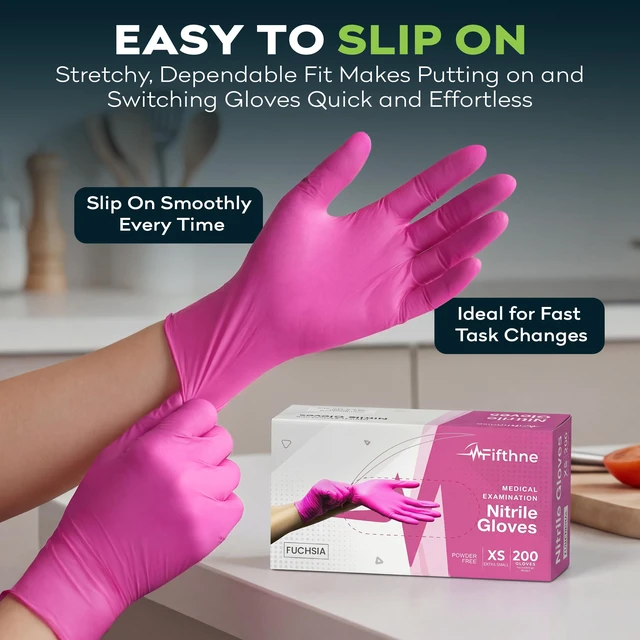 Alt view image 4 of 6 - FifthPulse Fuchsia Hot Pink Nitrile Disposable Gloves, 3 Mil, Medical Exam, Powder and Latex Free