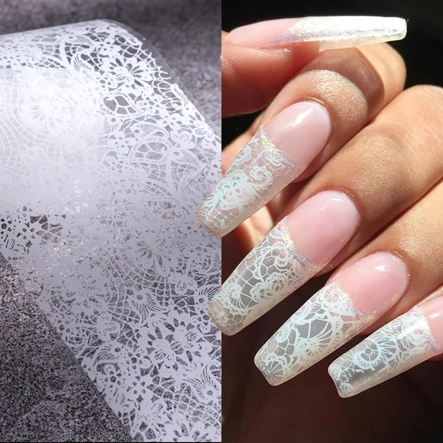 Alt view image 3 of 6 - 20 Rolls Lace Nail Foil White and Black Holographic Flower Nail Transfer Foils Decals Manicure Stickers for DIY Acrylic Nails