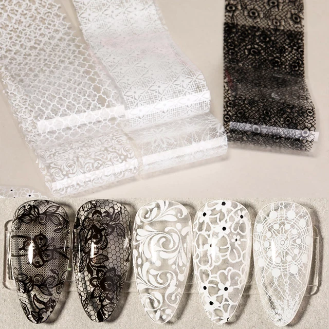 Alt view image 5 of 6 - 20 Rolls Lace Nail Foil White and Black Holographic Flower Nail Transfer Foils Decals Manicure Stickers for DIY Acrylic Nails