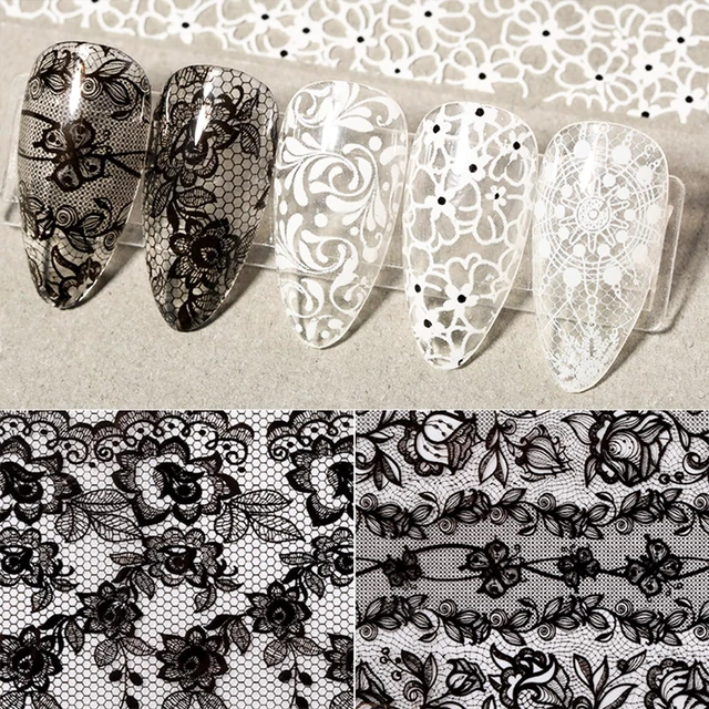 Alt view image 6 of 6 - 20 Rolls Lace Nail Foil White and Black Holographic Flower Nail Transfer Foils Decals Manicure Stickers for DIY Acrylic Nails