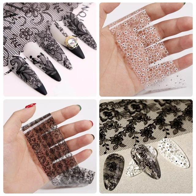 Alt view image 4 of 6 - 20 Rolls Lace Nail Foil White and Black Holographic Flower Nail Transfer Foils Decals Manicure Stickers for DIY Acrylic Nails