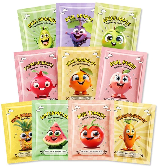 Main image of Kaely 10 Pack Fruit Face Masks for Kids, Teens, Girls, Women - Spa Day Kit, Party Favors, Gifts Set, Moisturizing & Soothing Sheet Masks for All Skin Types (01)