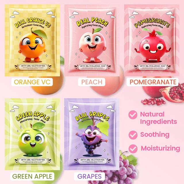 Alt view image 5 of 6 - Kaely 10 Pack Fruit Face Masks for Kids, Teens, Girls, Women - Spa Day Kit, Party Favors, Gifts Set, Moisturizing & Soothing Sheet Masks for All Skin Types (01)