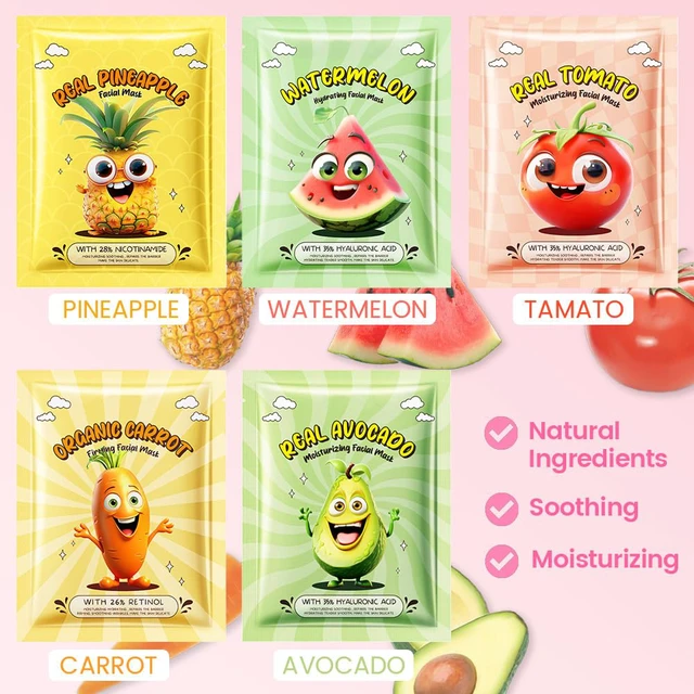 Alt view image 3 of 6 - Kaely 10 Pack Fruit Face Masks for Kids, Teens, Girls, Women - Spa Day Kit, Party Favors, Gifts Set, Moisturizing & Soothing Sheet Masks for All Skin Types (01)