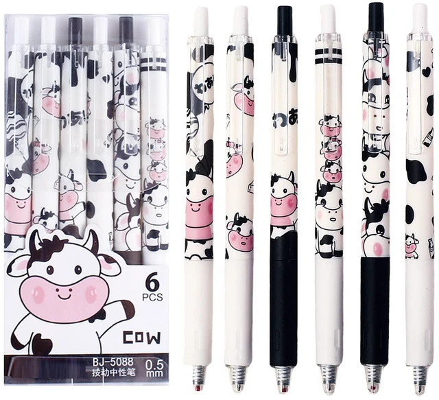 Main image of MOZXIRZ 6 Pcs Cartoon Retractable Pens Gel Ink Pens Cute Cow Pen 0.5mm Black Ink Writing Pen Office School Supplies for Women Men (Cow)