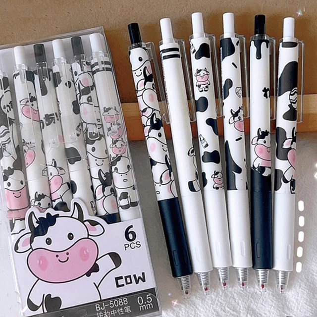 Alt view image 2 of 7 - MOZXIRZ 6 Pcs Cartoon Retractable Pens Gel Ink Pens Cute Cow Pen 0.5mm Black Ink Writing Pen Office School Supplies for Women Men (Cow)
