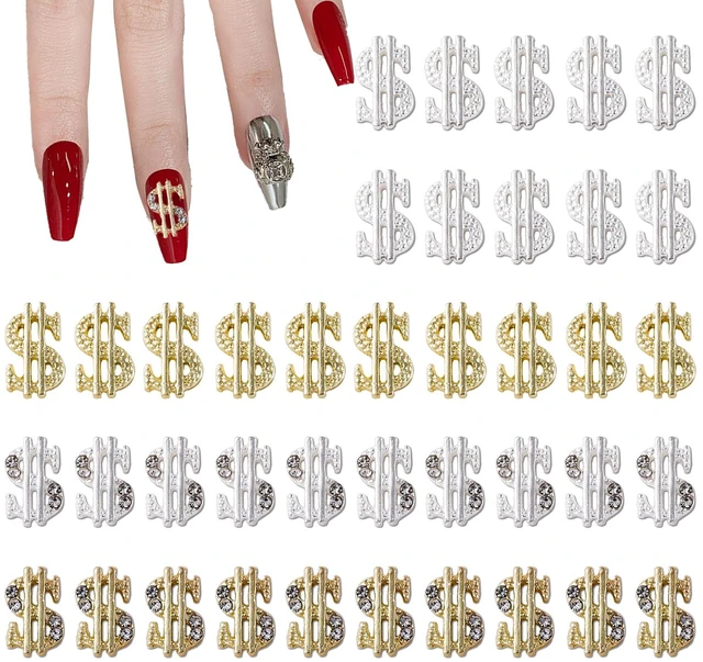 Main image of 40PCS Money Dollar Nail Charms Gold and Silver 3D Alloy Dollar Money Nail Art Charms with Rhinestones for Women Nail Decoration DIY Design Crystals Shiny Nail Gem Crystals Jewelry