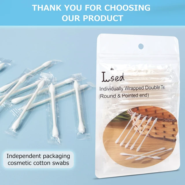 Alt view image 4 of 7 - 100 Pack Cotton Swabs, Individually Wrapped, Organic & Biodegradable, Double Tipped Cotton Tips for Ear, Beauty Care, Cleaning, Make-up (Round & Pointed Shape Cotton Heads)
