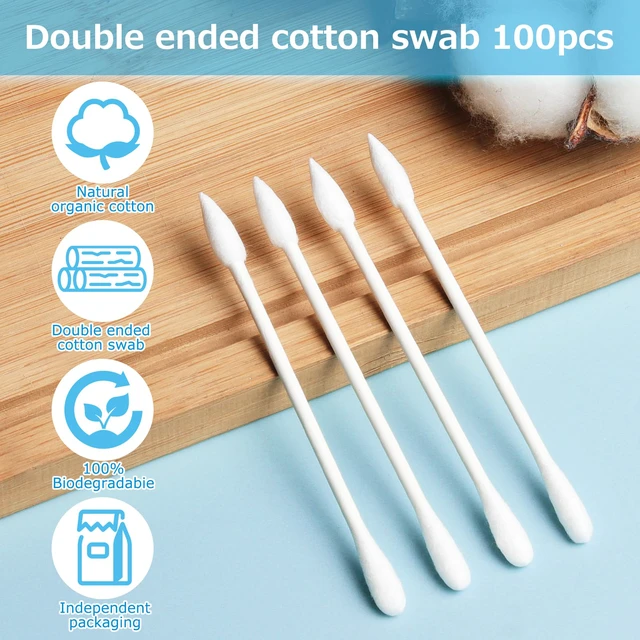 Alt view image 3 of 7 - 100 Pack Cotton Swabs, Individually Wrapped, Organic & Biodegradable, Double Tipped Cotton Tips for Ear, Beauty Care, Cleaning, Make-up (Round & Pointed Shape Cotton Heads)