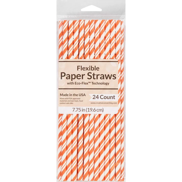 Alt view image 2 of 4 - Creative Converting 51166 Orange Striped Paper Straws, 24 Pcs