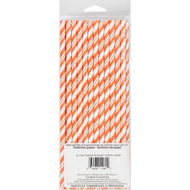 Alt view image 3 of 4 - Creative Converting 51166 Orange Striped Paper Straws, 24 Pcs