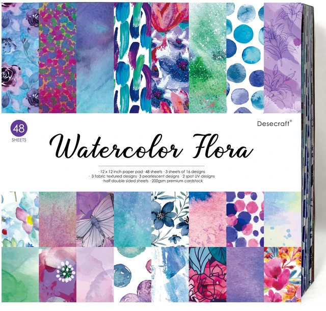 Main image of 48 Sheets 6x6.5 Cardstock Paper Pad - Watercolor Flora - Pearl Textured UV Printed - Half Double Sided 200gsm Heavyweight for Card Making Origami Journaling Scrapbooking Supplies
