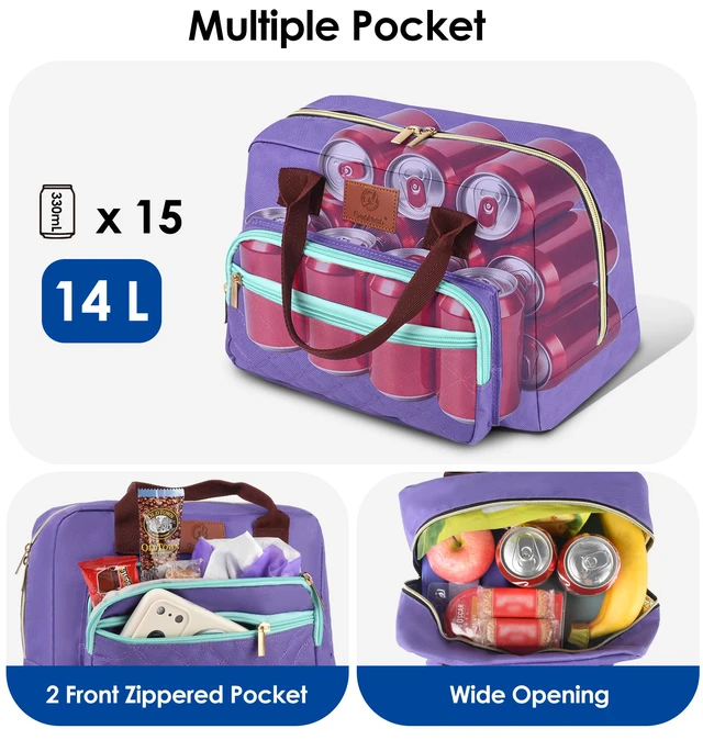 Alt view image 2 of 6 - Insulated Lunch box for Women,Leakproof Quilted Thermal Lunch Bag, 14L Large Capacity Lunch Tote Bag Lightweight LunchBox Cooler for Work, School, Picnic or Travel with 2 Front Pocket -Purple