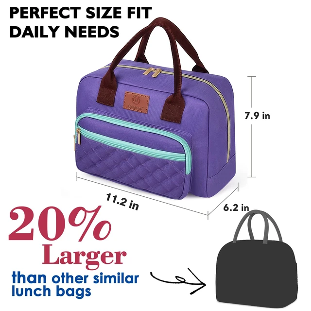 Alt view image 6 of 6 - Insulated Lunch box for Women,Leakproof Quilted Thermal Lunch Bag, 14L Large Capacity Lunch Tote Bag Lightweight LunchBox Cooler for Work, School, Picnic or Travel with 2 Front Pocket -Purple