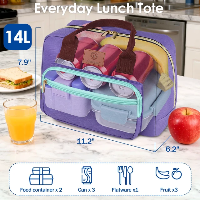 Alt view image 5 of 6 - Insulated Lunch box for Women,Leakproof Quilted Thermal Lunch Bag, 14L Large Capacity Lunch Tote Bag Lightweight LunchBox Cooler for Work, School, Picnic or Travel with 2 Front Pocket -Purple