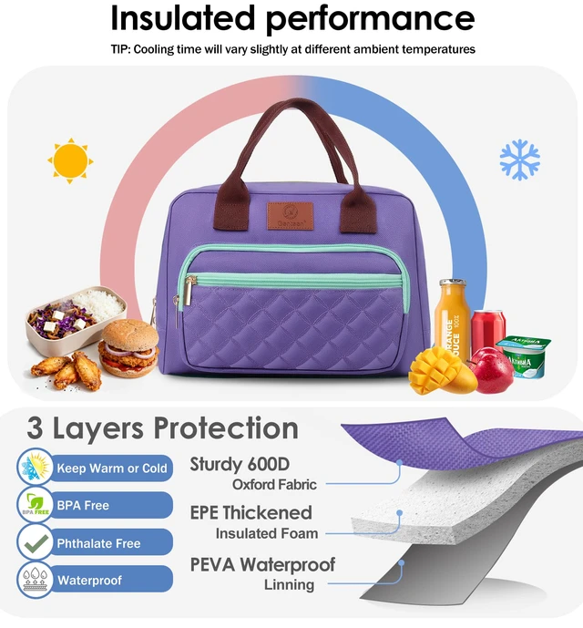 Alt view image 4 of 6 - Insulated Lunch box for Women,Leakproof Quilted Thermal Lunch Bag, 14L Large Capacity Lunch Tote Bag Lightweight LunchBox Cooler for Work, School, Picnic or Travel with 2 Front Pocket -Purple