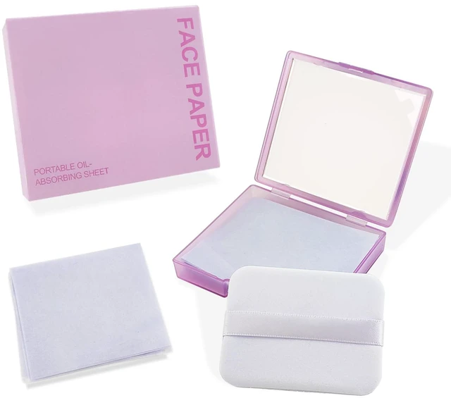 Main image of BOROLA 3-in-1 Oil Blotting Paper Set for Face 100 Sheets Oil Absorbing Sheets with Portable Mirror & Adhesive Makeup Puff, Blotting Papers for Oily Skin, Design for Men & Women(Purple)