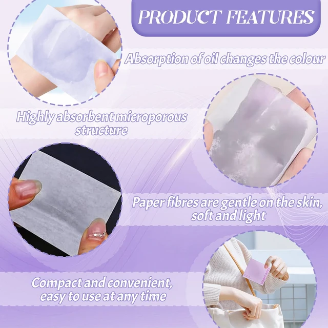 Alt view image 2 of 6 - BOROLA 3-in-1 Oil Blotting Paper Set for Face 100 Sheets Oil Absorbing Sheets with Portable Mirror & Adhesive Makeup Puff, Blotting Papers for Oily Skin, Design for Men & Women(Purple)