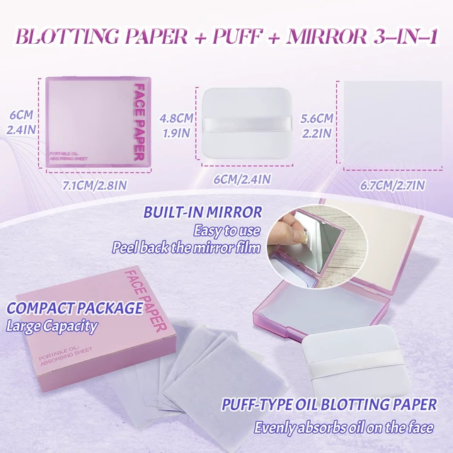Alt view image 6 of 6 - BOROLA 3-in-1 Oil Blotting Paper Set for Face 100 Sheets Oil Absorbing Sheets with Portable Mirror & Adhesive Makeup Puff, Blotting Papers for Oily Skin, Design for Men & Women(Purple)