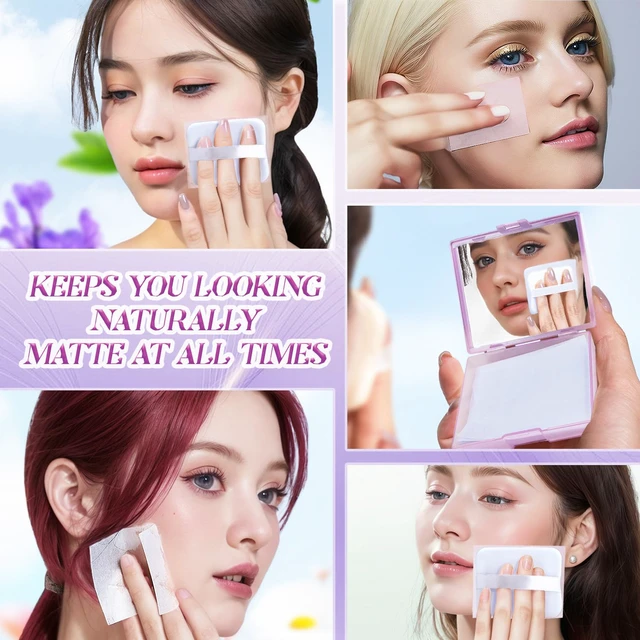 Alt view image 3 of 6 - BOROLA 3-in-1 Oil Blotting Paper Set for Face 100 Sheets Oil Absorbing Sheets with Portable Mirror & Adhesive Makeup Puff, Blotting Papers for Oily Skin, Design for Men & Women(Purple)