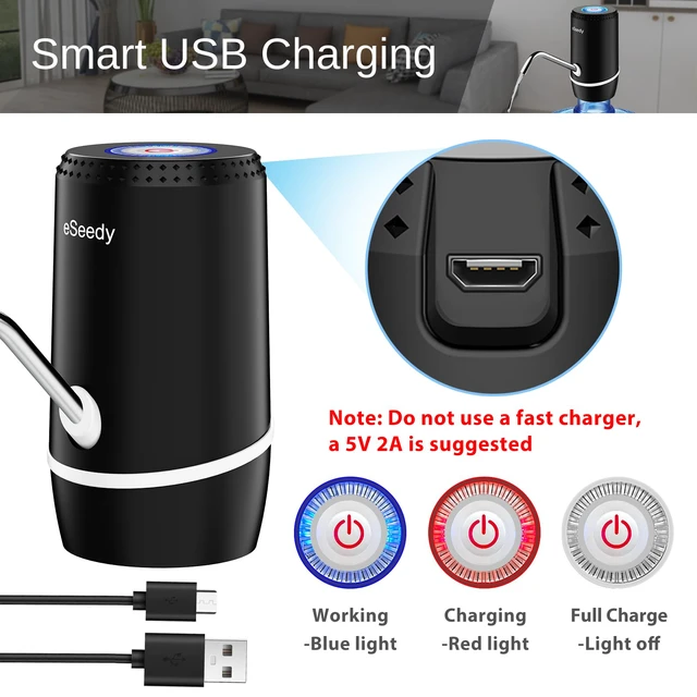 Alt view image 4 of 6 - Water Pump for 5 Gallon Bottle, USB Charging Automatic Water Dispenser with Rechargeable Battery, Portable Electric Drinking Water Jug Pump for Home, Kitchen, Living Room, Office, Camping - Black