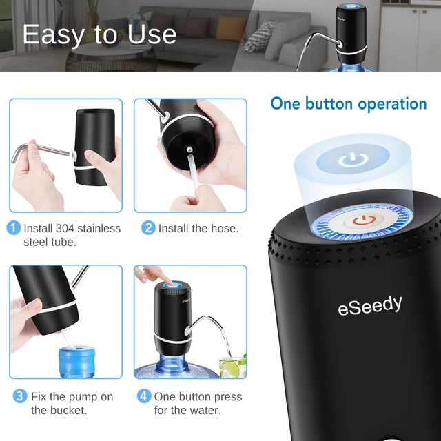 Alt view image 3 of 6 - Water Pump for 5 Gallon Bottle, USB Charging Automatic Water Dispenser with Rechargeable Battery, Portable Electric Drinking Water Jug Pump for Home, Kitchen, Living Room, Office, Camping - Black