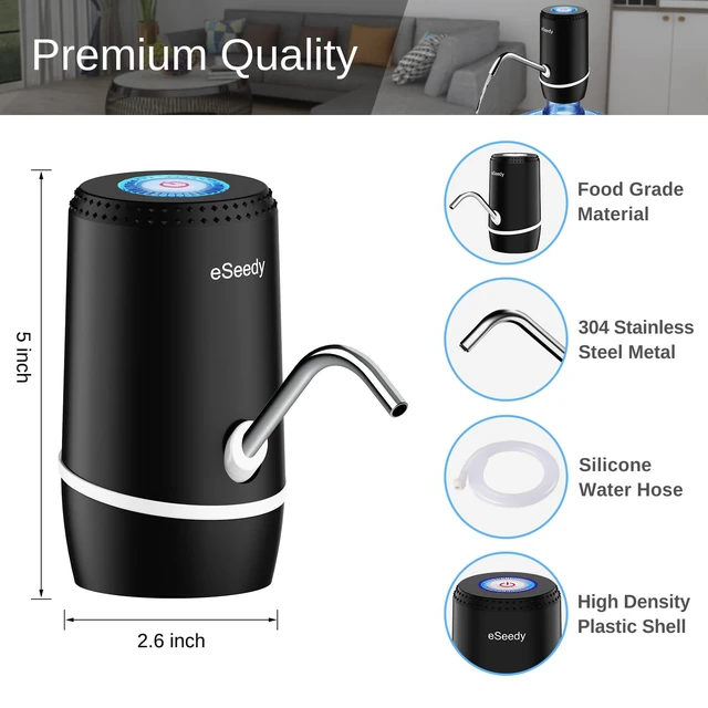 Alt view image 2 of 6 - Water Pump for 5 Gallon Bottle, USB Charging Automatic Water Dispenser with Rechargeable Battery, Portable Electric Drinking Water Jug Pump for Home, Kitchen, Living Room, Office, Camping - Black