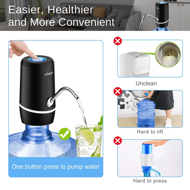 Alt view image 6 of 6 - Water Pump for 5 Gallon Bottle, USB Charging Automatic Water Dispenser with Rechargeable Battery, Portable Electric Drinking Water Jug Pump for Home, Kitchen, Living Room, Office, Camping - Black