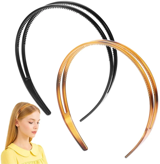 Main image of 2 Pcs Double Row Teeth Comb Classic Hair Bands, Plastic Non-slip Hair Hoop Headband for Women and Girls, Simple Hair Accessory (Black, Brown)